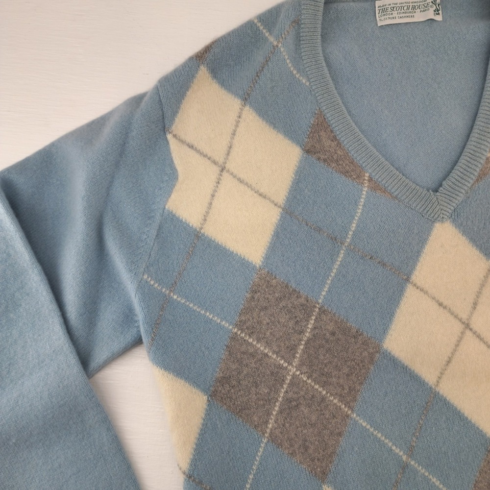 The Scotch‎ House S/M | Blue Argyle 100% Cashmere V-Neck Sweater Women - Picture 2 of 7